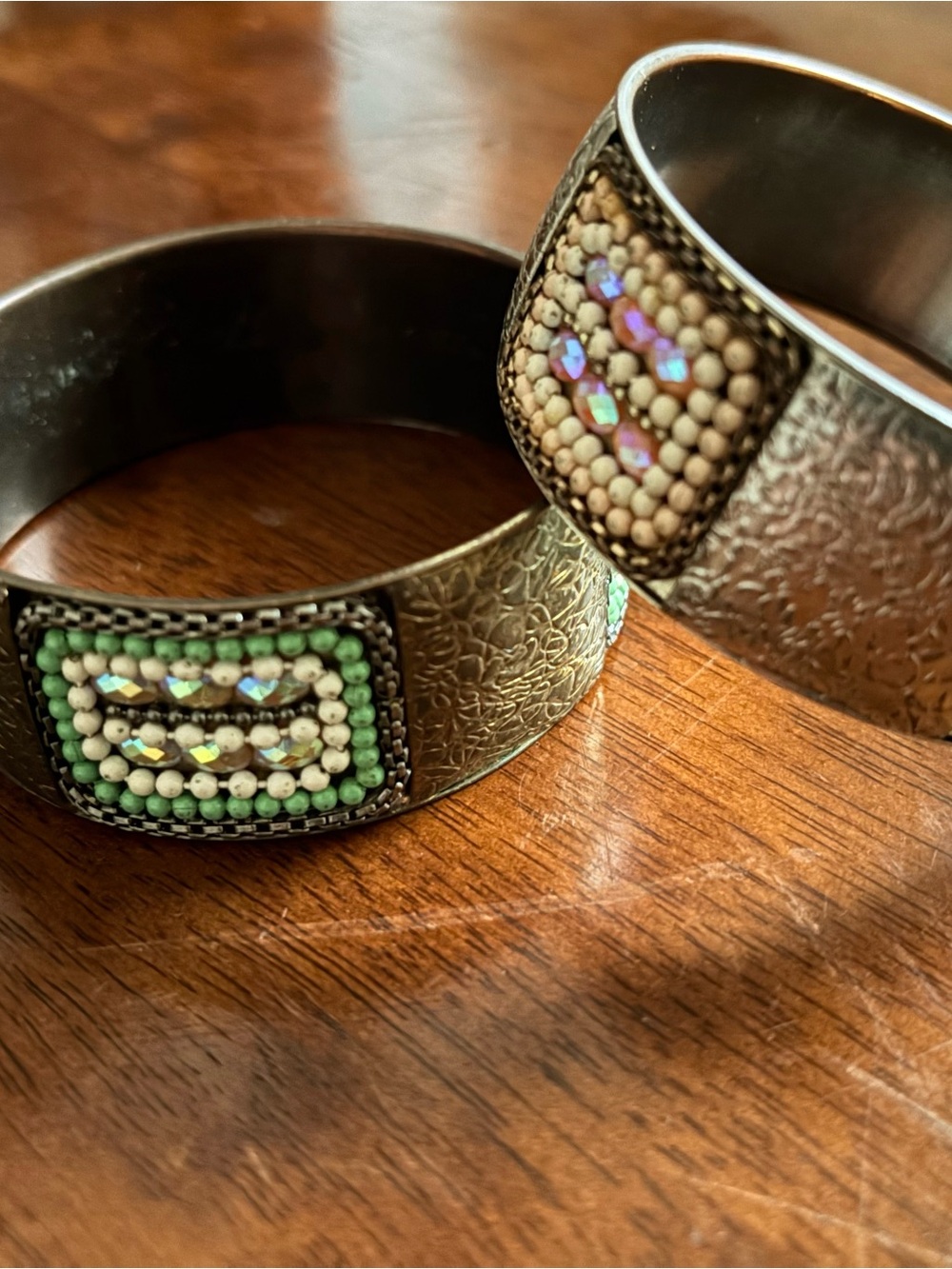 Vintage, Artisan Bead Embroidered Accent Brass Bangles - Multicolor